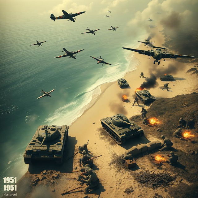 A dramatic scene depicting Japanese soldiers during World War II in 1951, advancing from the coastline in tanks, with Japanese airplanes soaring in the sky above