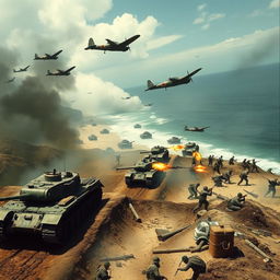 A dramatic scene depicting Japanese soldiers during World War II in 1951, advancing from the coastline in tanks, with Japanese airplanes soaring in the sky above