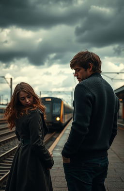 A deeply emotional scene depicting two people standing at a train station, moments before separation