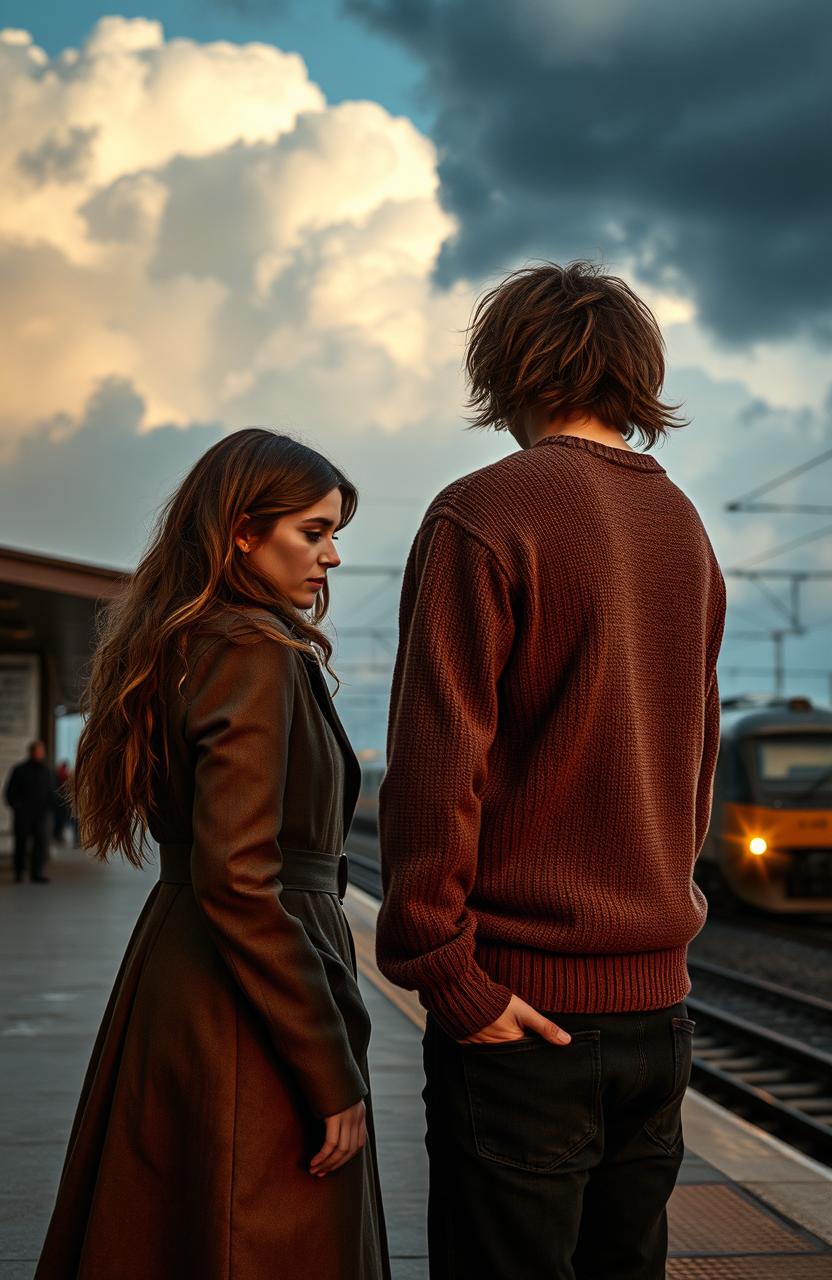 A deeply emotional scene depicting two people standing at a train station, moments before separation