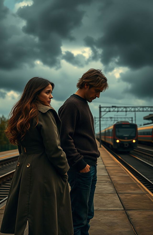 A deeply emotional scene depicting two people standing at a train station, moments before separation