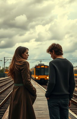 A deeply emotional scene depicting two people standing at a train station, moments before separation