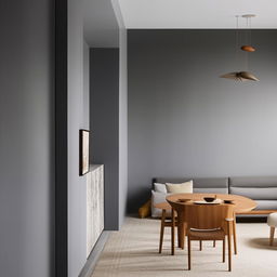 A cozy living room with sleek grey walls, a comfortable couch and armchair, alongside a well-set dining table.