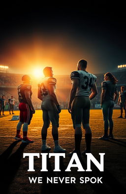 A dramatic sports scene illustrating two rival teams standing apart on a field after a game, their body language expressing tension and silence