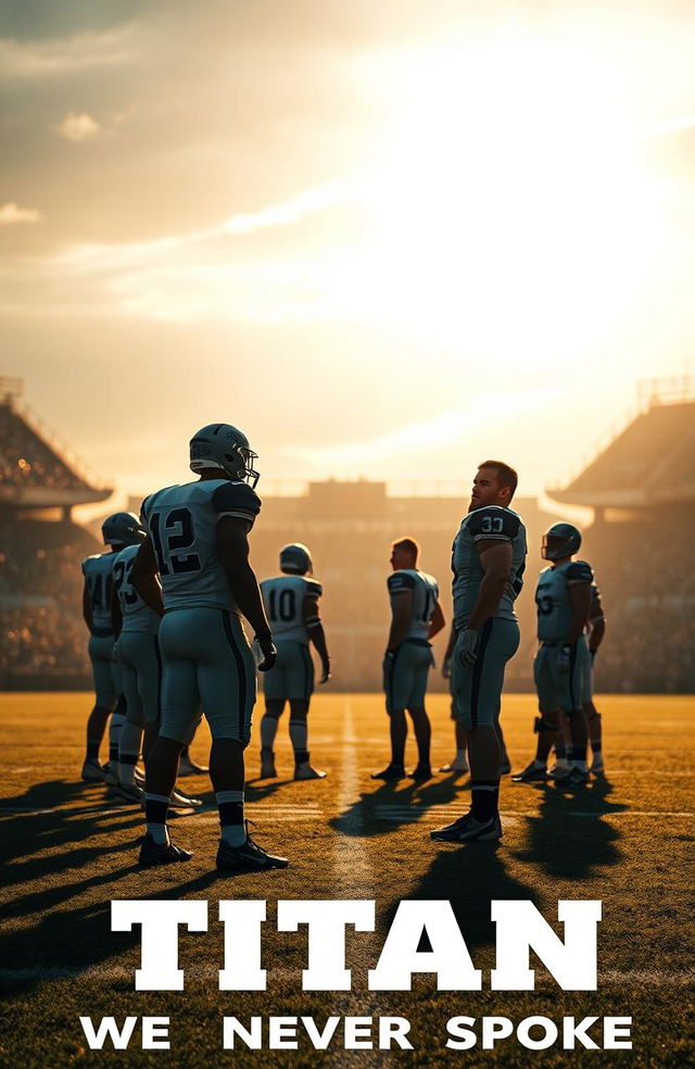 A dramatic sports scene illustrating two rival teams standing apart on a field after a game, their body language expressing tension and silence