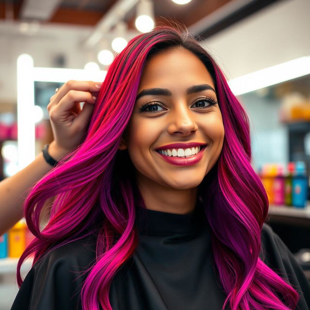 A close-up view of a woman in her mid-20s with beautifully dyed hair, showcasing vibrant colors such as deep red and bright purple, flowing luxuriously