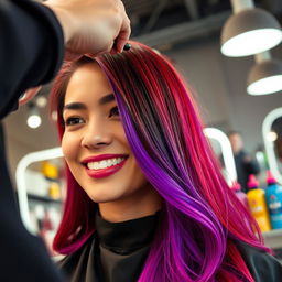 A close-up view of a woman in her mid-20s with beautifully dyed hair, showcasing vibrant colors such as deep red and bright purple, flowing luxuriously