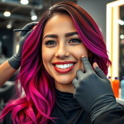 A close-up view of a woman in her mid-20s with beautifully dyed hair, showcasing vibrant colors such as deep red and bright purple, flowing luxuriously