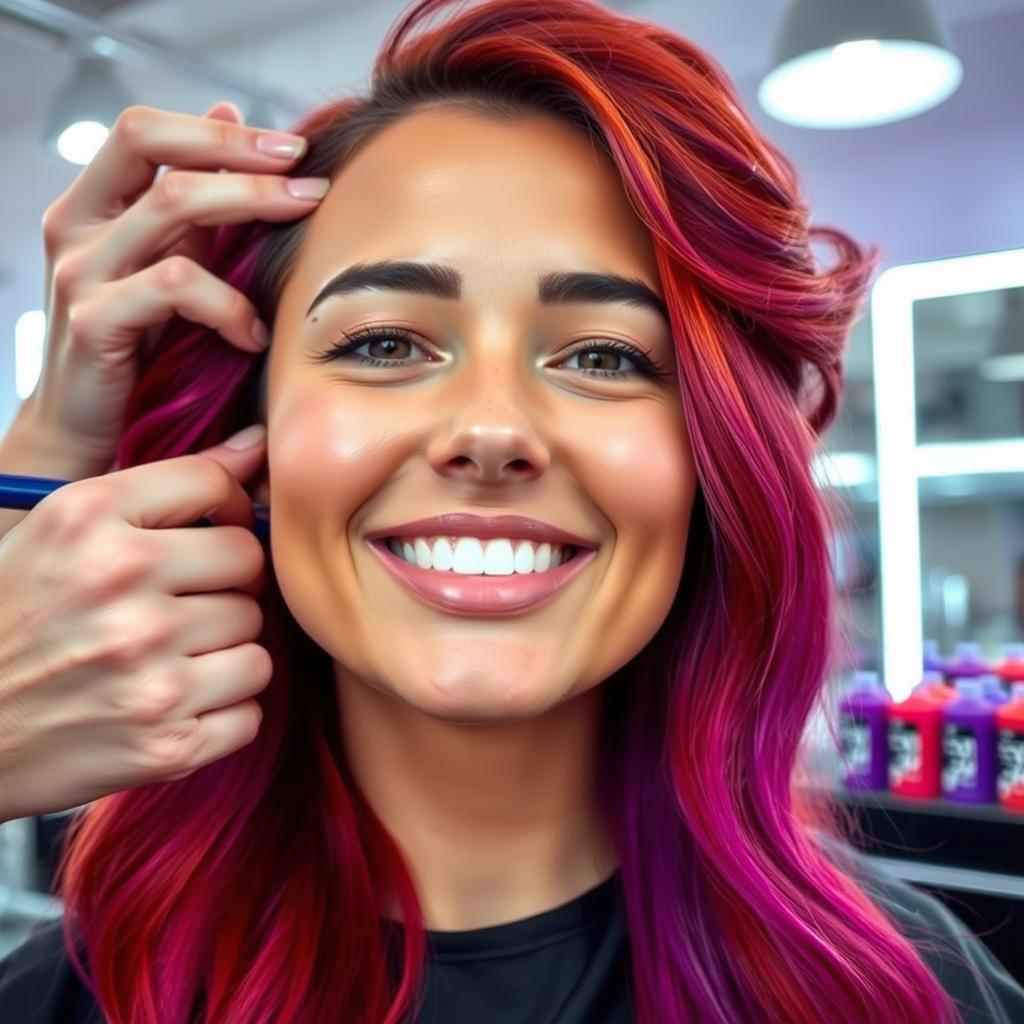 A close-up view of a woman in her mid-20s with beautifully dyed hair, showcasing vibrant colors such as deep red and bright purple, flowing luxuriously