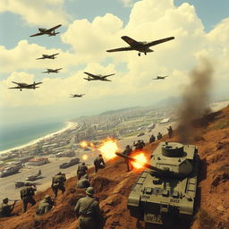 A dramatic scene depicting Japanese soldiers during World War II in 1951, advancing from the coastline in tanks, with Japanese airplanes soaring in the sky above
