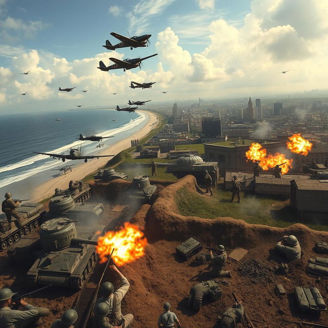 A dramatic scene depicting Japanese soldiers during World War II in 1951, advancing from the coastline in tanks, with Japanese airplanes soaring in the sky above