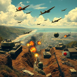 A dramatic scene depicting Japanese soldiers during World War II in 1951, advancing from the coastline in tanks, with Japanese airplanes soaring in the sky above