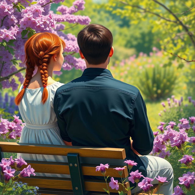 A young couple sitting on a bench in a vibrant park filled with blooming purple flowers