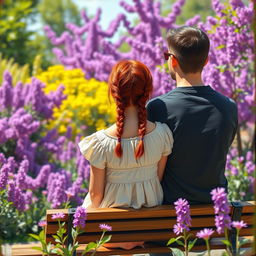 A young couple sitting on a bench in a vibrant park filled with blooming purple flowers