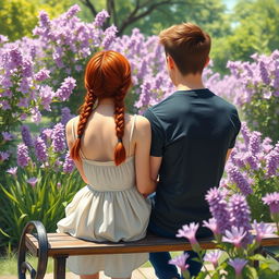 A young couple sitting on a bench in a vibrant park filled with blooming purple flowers