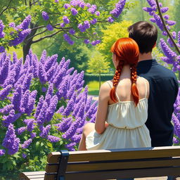 A young couple sitting on a bench in a vibrant park filled with blooming purple flowers