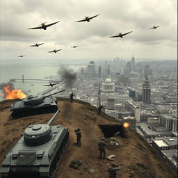 A dramatic scene depicting Japanese soldiers during World War II in 1951, advancing from the coastline in tanks towards San Francisco, with Japanese airplanes soaring in the sky above