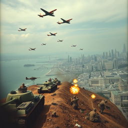 A dramatic scene depicting Japanese soldiers during World War II in 1951, advancing from the coastline in tanks towards San Francisco, with Japanese airplanes soaring in the sky above