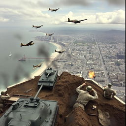 A dramatic scene depicting Japanese soldiers during World War II in 1951, advancing from the coastline in tanks towards San Francisco, with Japanese airplanes soaring in the sky above