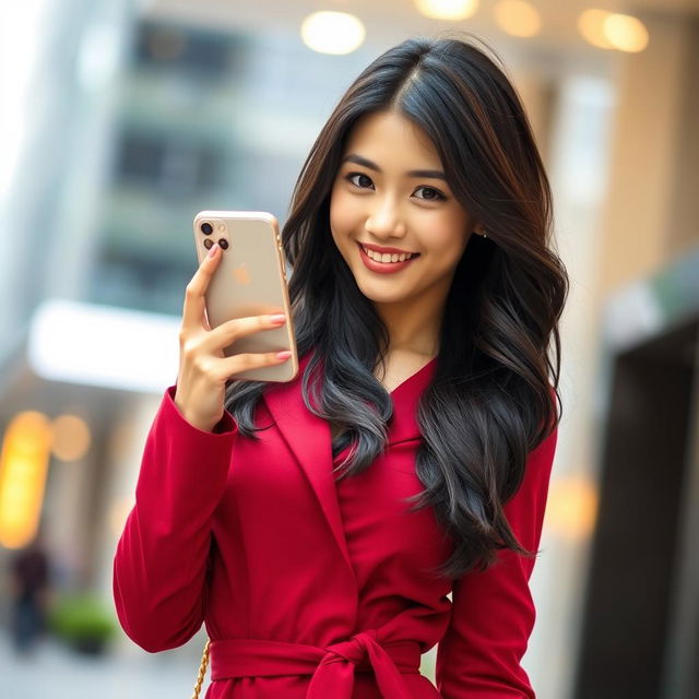 A beautiful Asian female model posing stylishly, wearing a chic red maroon outfit, confidently showcasing a smartphone in her hand