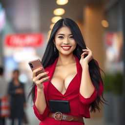 A beautiful Asian female model posing stylishly, wearing a chic red maroon outfit, confidently showcasing a smartphone in her hand