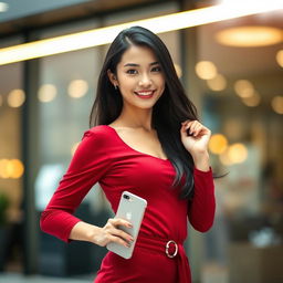 A beautiful Asian female model posing stylishly, wearing a chic red maroon outfit, confidently showcasing a smartphone in her hand
