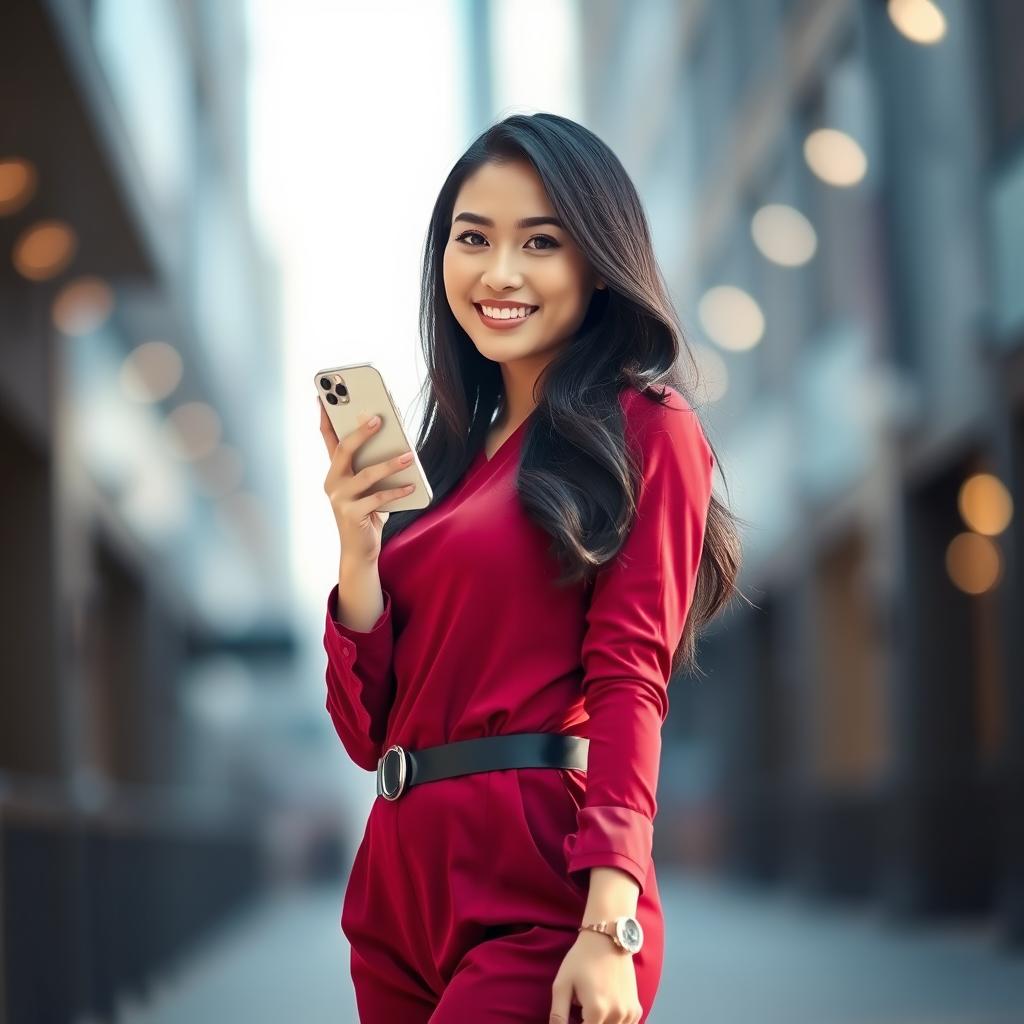 A beautiful Asian female model posing stylishly, wearing a chic red maroon outfit, confidently showcasing a smartphone in her hand