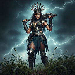 A menacing figure of Nemesis, the Greek goddess of retribution, standing tall with an imposing presence