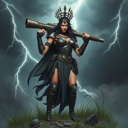 A menacing figure of Nemesis, the Greek goddess of retribution, standing tall with an imposing presence