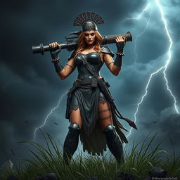 A menacing figure of Nemesis, the Greek goddess of retribution, standing tall with an imposing presence
