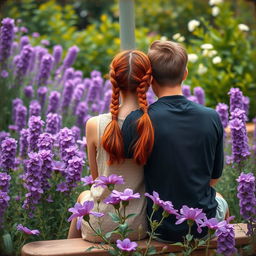 A young couple sitting on a bench in a flower garden filled with purple blooms
