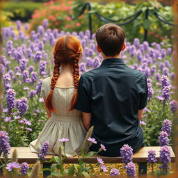 A young couple sitting on a bench in a flower garden filled with purple blooms