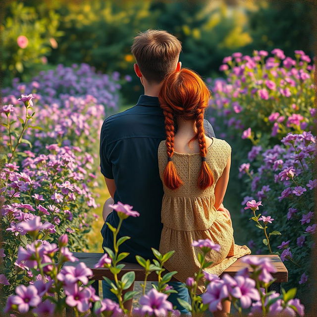 A young couple sitting on a bench in a flower garden filled with purple blooms