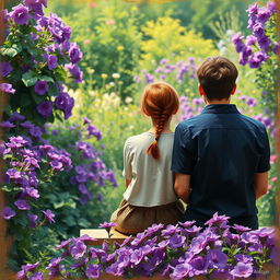 A young couple sitting on a bench in a flower garden filled with purple blooms