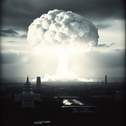 A dramatic scene capturing the moment an atomic bomb explodes over Washington D