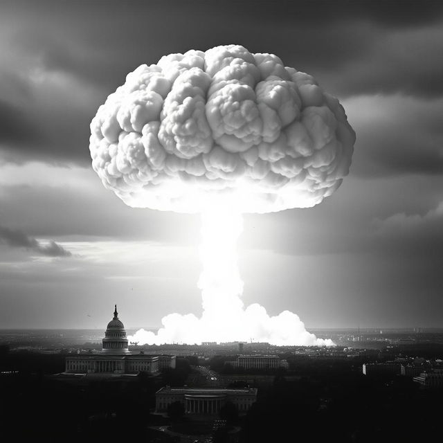 A dramatic scene capturing the moment an atomic bomb explodes over Washington D