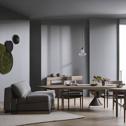 A cozy living room with sleek grey walls, a comfortable couch and armchair, alongside a well-set dining table.