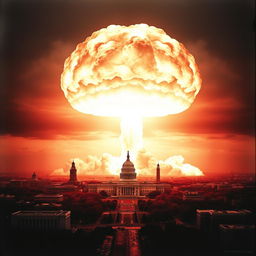 A dramatic scene capturing the moment an atomic bomb explodes over Washington D