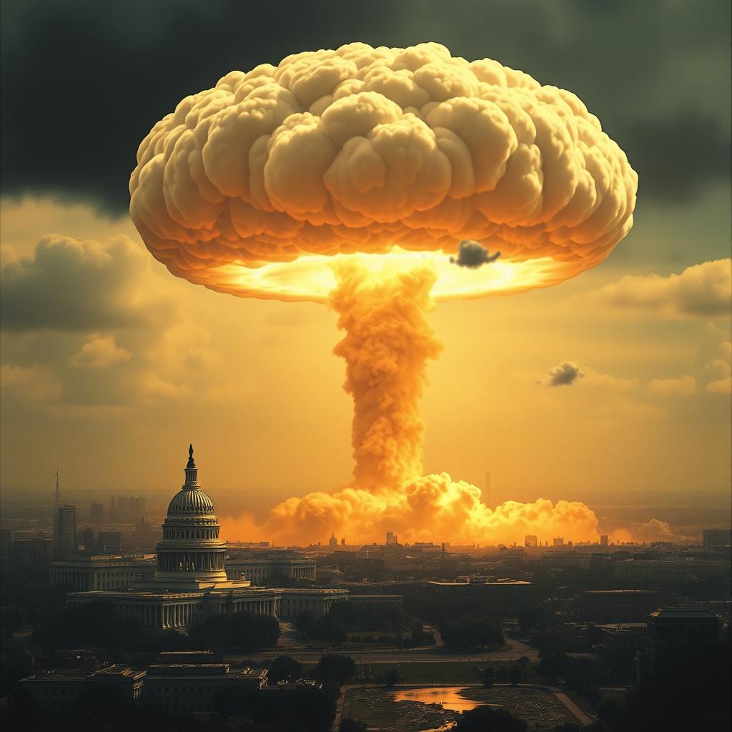 A dramatic scene capturing the moment an atomic bomb explodes over Washington D