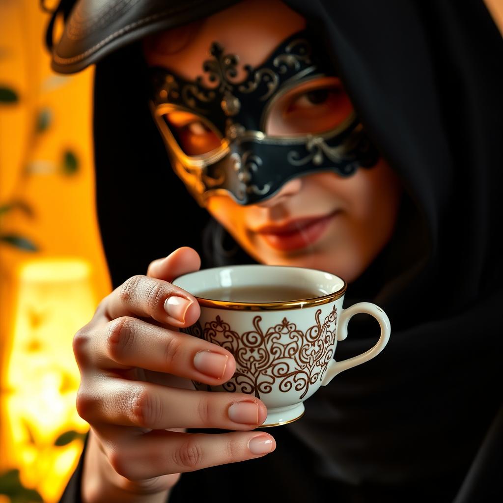 A person with a stylish black mask holding a steaming cup of tea, set against a cozy, softly lit background