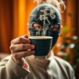 A person with a stylish black mask holding a steaming cup of tea, set against a cozy, softly lit background
