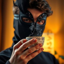 A person with a stylish black mask holding a steaming cup of tea, set against a cozy, softly lit background