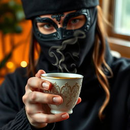 A person with a stylish black mask holding a steaming cup of tea, set against a cozy, softly lit background