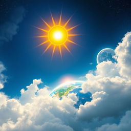 A beautiful cosmic scene depicting the sun, moon, and Earth in harmony