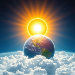 A beautiful cosmic scene depicting the sun, moon, and Earth in harmony