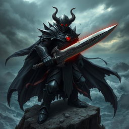 A dramatic and intense scene featuring a powerful nemesis character, clad in dark, intricate armor with sharp details and glowing red accents