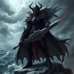 A dramatic and intense scene featuring a powerful nemesis character, clad in dark, intricate armor with sharp details and glowing red accents