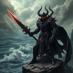 A dramatic and intense scene featuring a powerful nemesis character, clad in dark, intricate armor with sharp details and glowing red accents