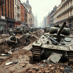 A dramatic scene depicting the Nazi German attack on London in 1944, showcasing British soldiers digging trenches and fortifying positions in an urban environment