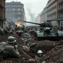 A dramatic scene depicting the Nazi German attack on London in 1944, showcasing British soldiers digging trenches and fortifying positions in an urban environment